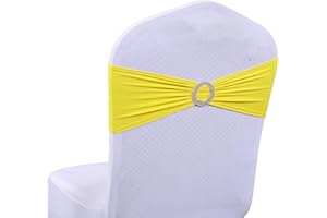 MDS-MEGADECORSUPPLY MDS Pack of 10 Spandex Chair Sashes Bow Premium Stretch Chair Cover Band with Buckle Slider Universal fits Elastic Dining Chair Ties for Wedding Party Banquet Events Decoration - Yellow