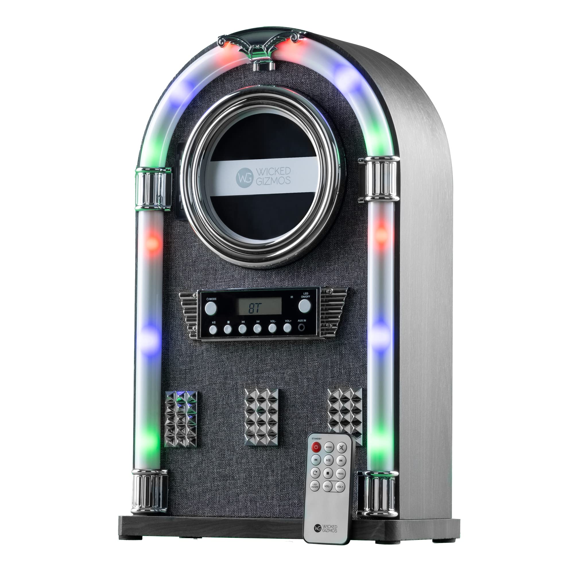 Wicked Gizmos Jukebox Entertainment Centre with Bluetooth, CD Player and Radio with Colourful LED Lighting and Fabric Front (Grey Fabric)