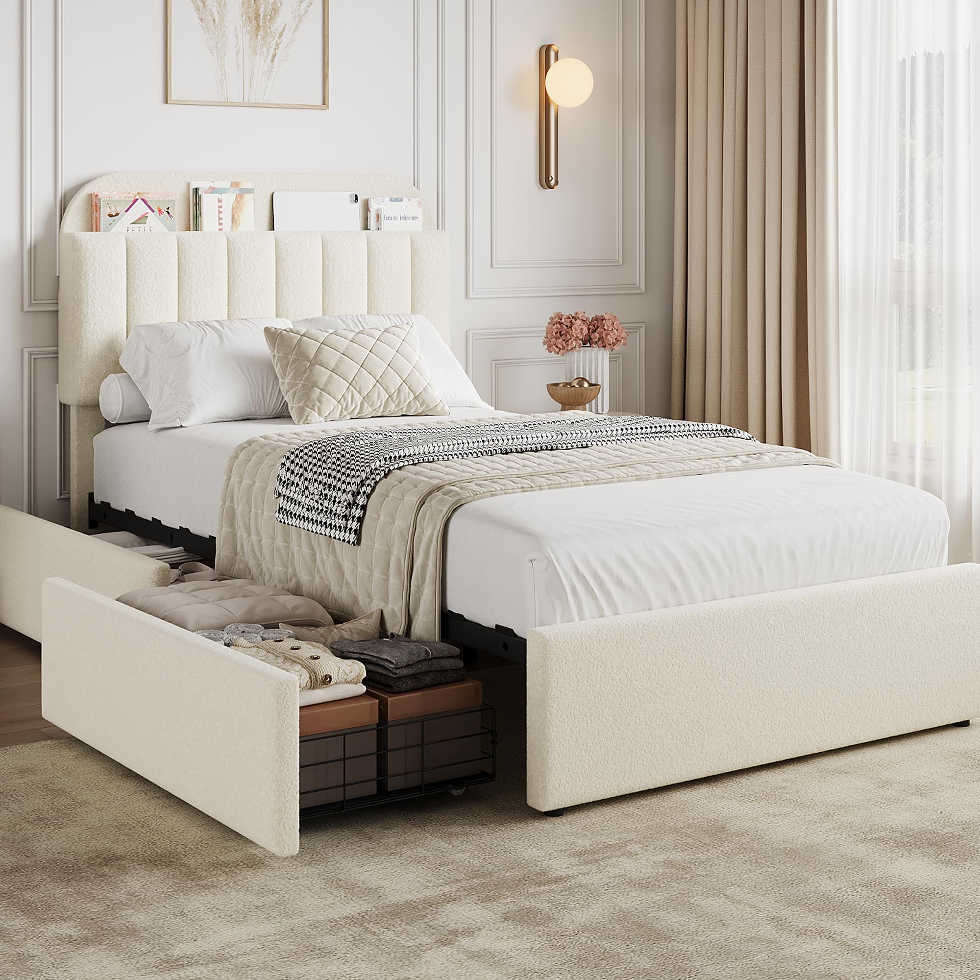 Photo 1 of ***PARTS ONLY***GarveeHome Twin Bed Frame with Storage Headboard, Kids Bed Frame with 2 Drawers, Boucle Upholstered Platform Bed with Bookcase, No Box Spring Needed, Easy Assembly, Ivory White