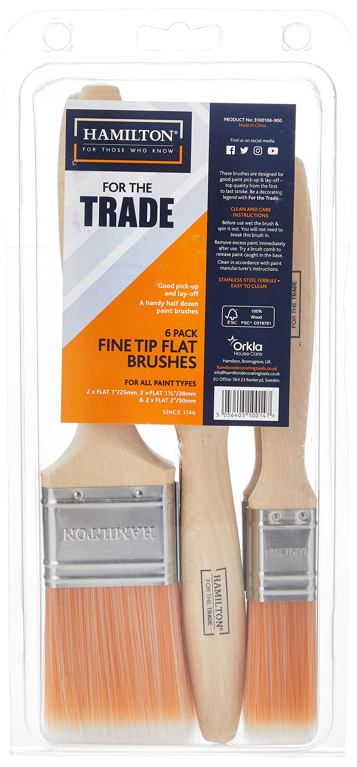 Hamilton for The Trade Flat Tip Paintbrushes Brushes 6 Pack 2 x 1in, 2 x 1.5in, 2 x 2in