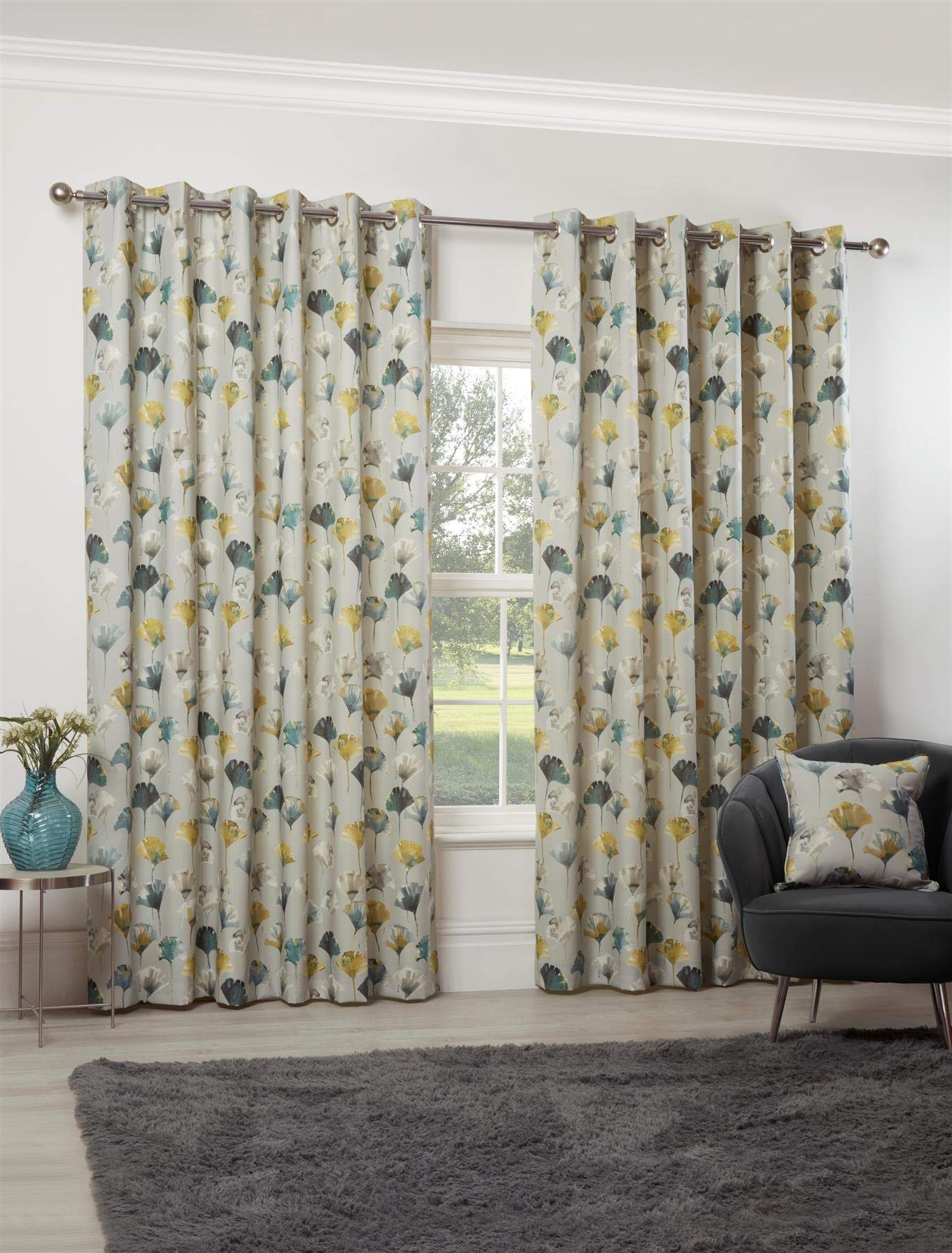 Camarillo Floral Eyelet Curtains 46 x 72 Ochre Lined Watercolour Flowers