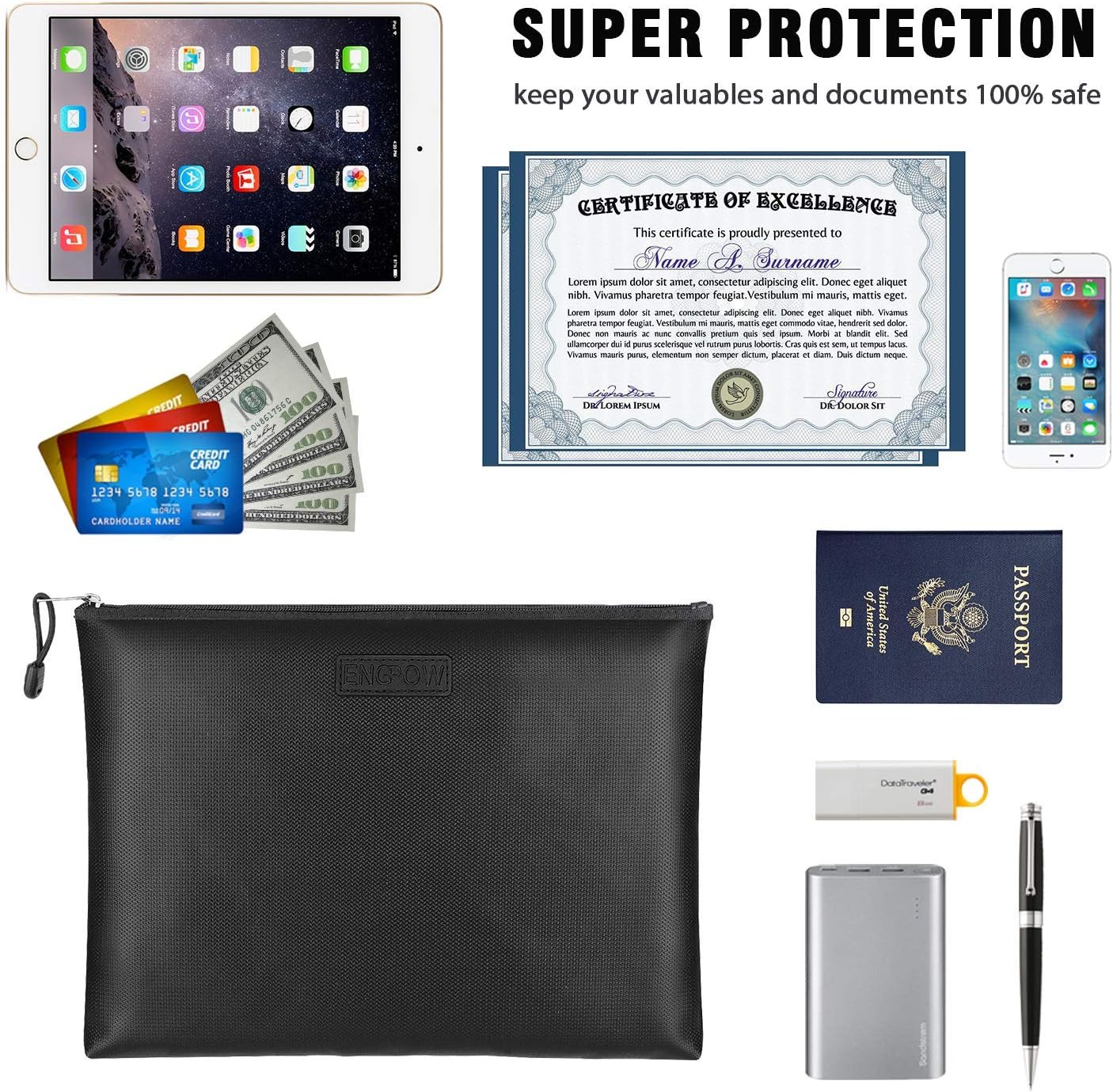 Fireproof Document Bags 2 Packs, 13.4x9.8 Inches Waterproof and Fireproof Money Bag, Fireproof Safe Storage Pouch with Zipper for A4 Document Holder, File, Cash and Tablet - - 