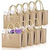 10pcs Burlap Tote Bag Set with Handles, Reusable Grocery Bags with Ribbon 13 x 9.5 x 4.7 Inch Waterproof Natural Jute Tote for Women Bridesmaid Gift Beach Shopping Wedding Travel DIY Embroidery