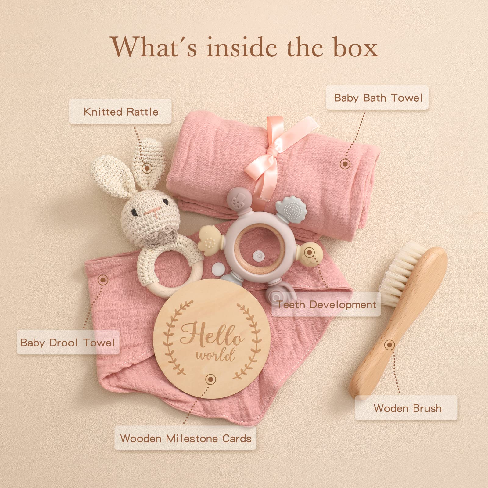 YOUUYS Baby Gift Set for Newborn - Baby Essential Bath Basket Easter Gift Set with Baby Blanket Baby Rattle Teether Toy & Hair Brush Newborn Shower Gift for Easter Day Baby Girls Boys 6PCS (Bunny)