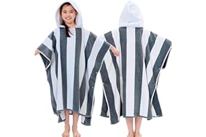 VOOVA & MOVAS Quick Dry Hooded Poncho Towel for Teens (8-16Years), 100% Cotton Thick Poncho Towel Robe for Kids | Boys, Perfect for Pool, Beach, Bath and Gifts, Gray White Stripe