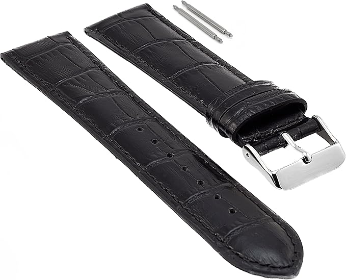24mm Black Leather Watch Band for Men, Silver Buckle, Leather Watch