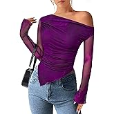 PRETTYGARDEN Womens Fall Trendy Off Shoulder Y2k Tops 2026 Tie Dye Mesh Long Sleeve Shirts Asymmetrical Ruched Floral Blouse