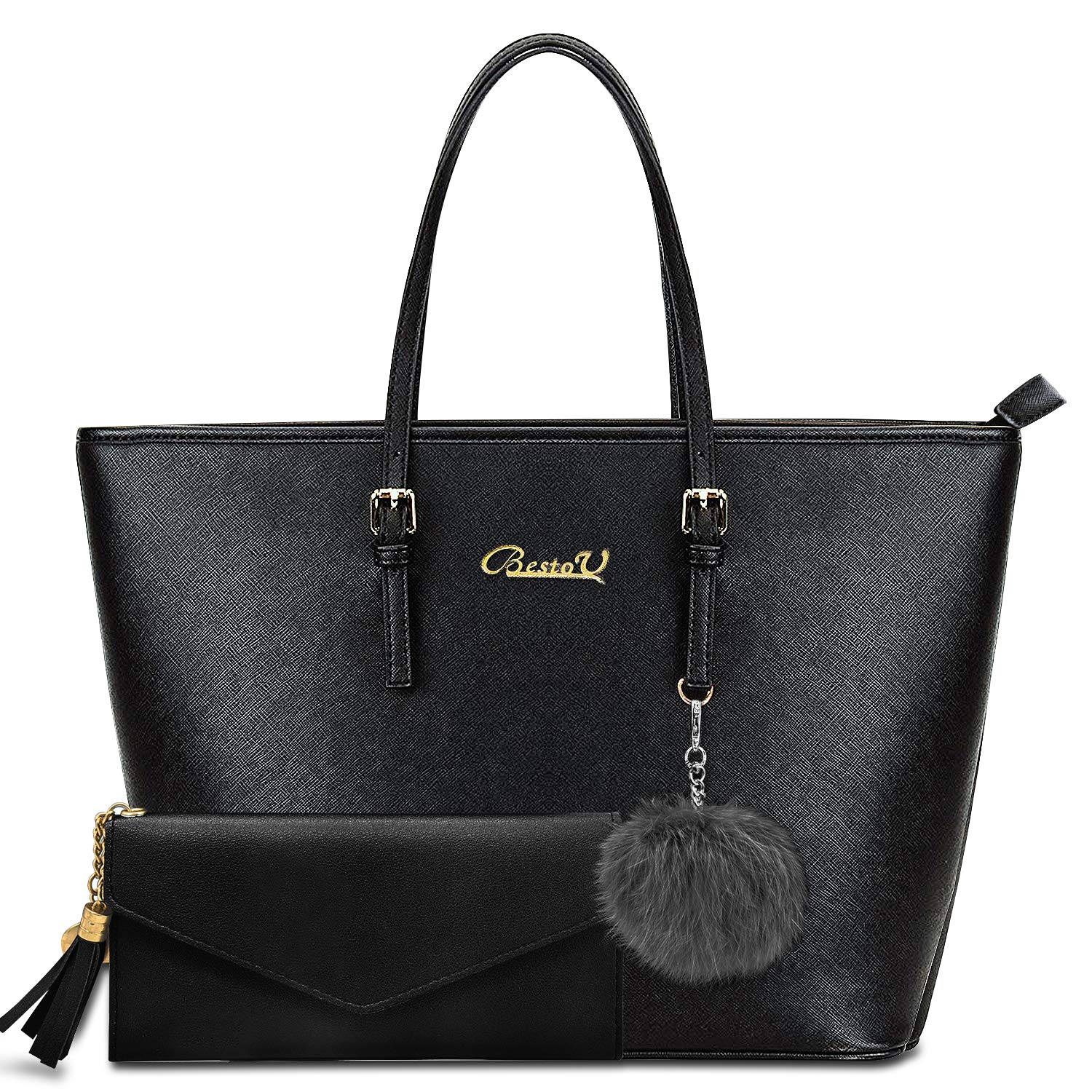 BestoU Handbags for Ladies Black Large Leather Purses for Women Tote Messenger Shoulder Crossbody Bag Set Including a Purse