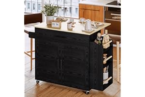 IRONCK Kitchen Island with Storage, Rolling Kitchen Island on Wheels with Drop Leaf, Charging Station, 3 Open Spice Rack, Cabinet, Drawer, Kitchen Cart Island Table for Kitchen, Black
