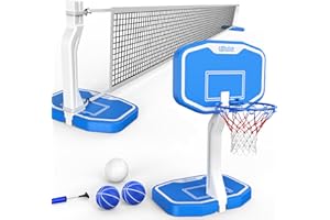 LifeOG 2 in 1 Swimming Pool Basketball & Volleyball Game Set,includes Poolside Hoop, Balls, Net, and Pump,Ideal for Ages 6+ Kids/Adults,Suitable for All Inground Swimming Pools-BLUE