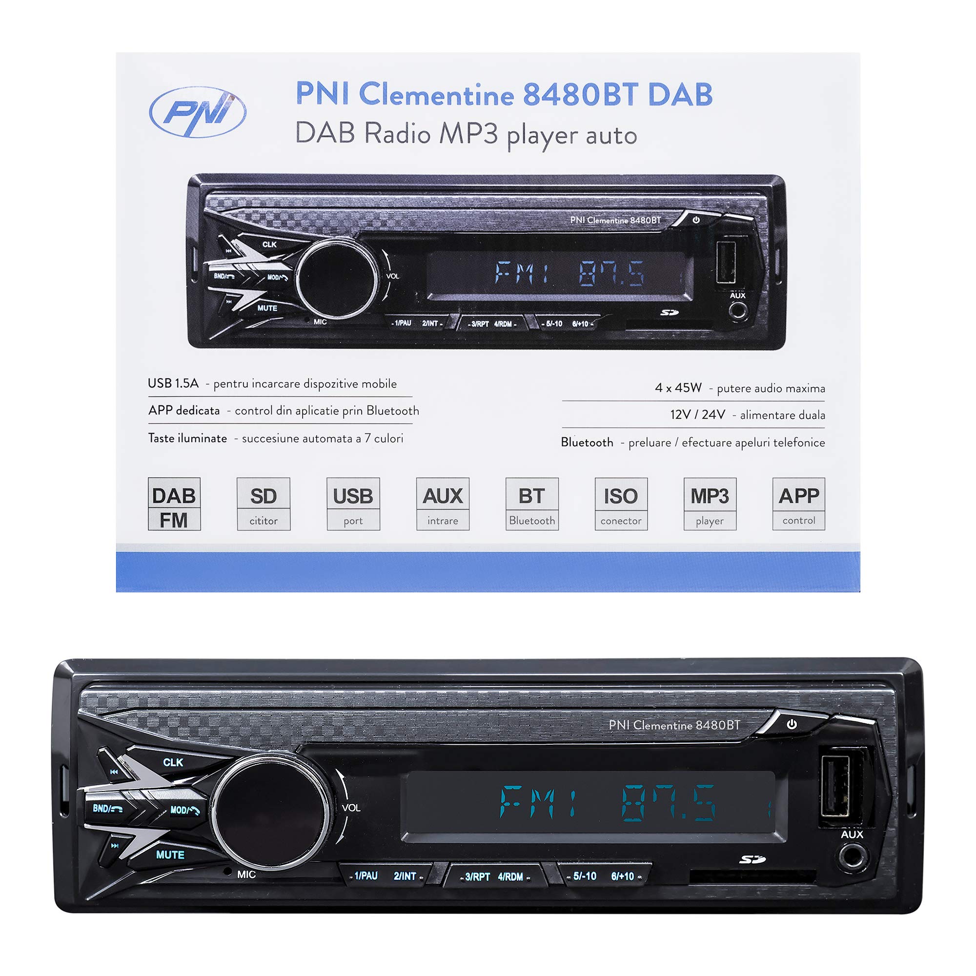 DAB Autoradio MP3 car player PNI Clementine 8480BT 4x45w, 12 / 24V, 1 DIN, with SD, USB, AUX, RCA, Bluetooth and USB 1.5A for phone charging