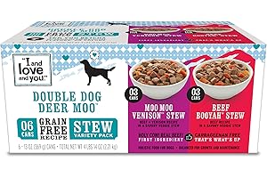 I AND LOVE AND YOU Wet Dog Food - Double Dog Deer Moo Variety Pack - Beef + Venison, Grain Free, Filler Free 13oz can, 6pk
