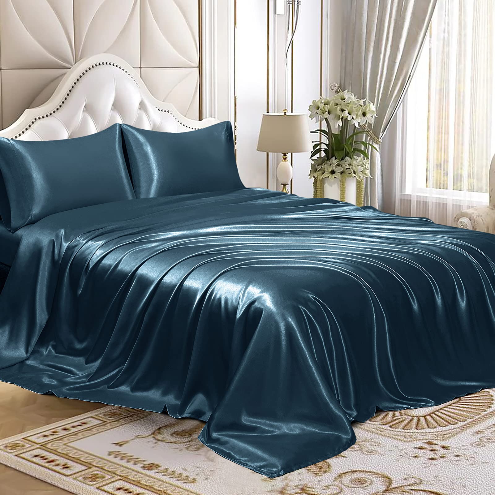 Homiest Drap Plat En Satin 100% Polyester – Ultra Doux Et Soyeux – Bleu Océan Profond, Taille Simple 160x234 Cm
