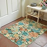 PureCozy Washable Floral Area Rug 2x3 Green Small Entryway Carpet Scalloped Flower Non Slip Soft Entrance Door Mat Farmhouse Low Pile Indoor Thin Floor Cover for Bathroom Kitchen Bedroom Laundry Room