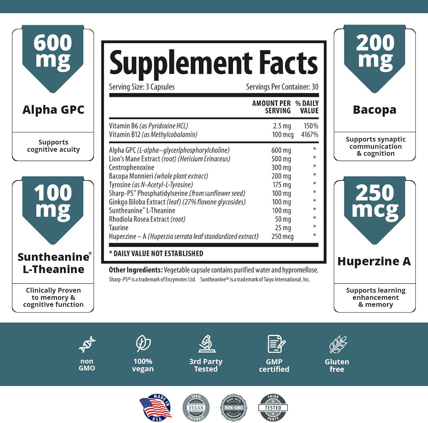 Support Healthy Brain Function with Nootropics, Improve Memory and Boost Focus - Alpha GPC, Lion’s Mane Extract, Bacopa Monnieri, Phosphatidylserine, Ginkgo Biloba, Rhodiola Rosea, Huperzine A: Health & Personal Care
