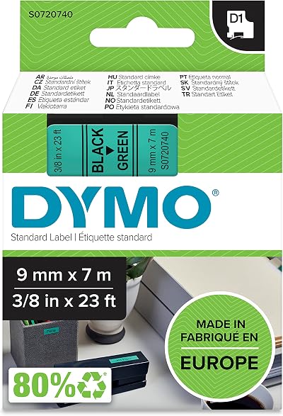 DYMO Authentic D1 Labels 9 mm x 7 m Black on Green Tape for LabelManager