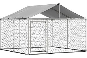 FurGenius Large Outdoor Dog Kennel, Heavy Duty Dog Cage with Waterproof Roof and Secure Lock, Galvanized Steel Dog Fence House Enclosure, Dog Playpen for Outside Backyard, Silver (90 x 90 x 65 in)