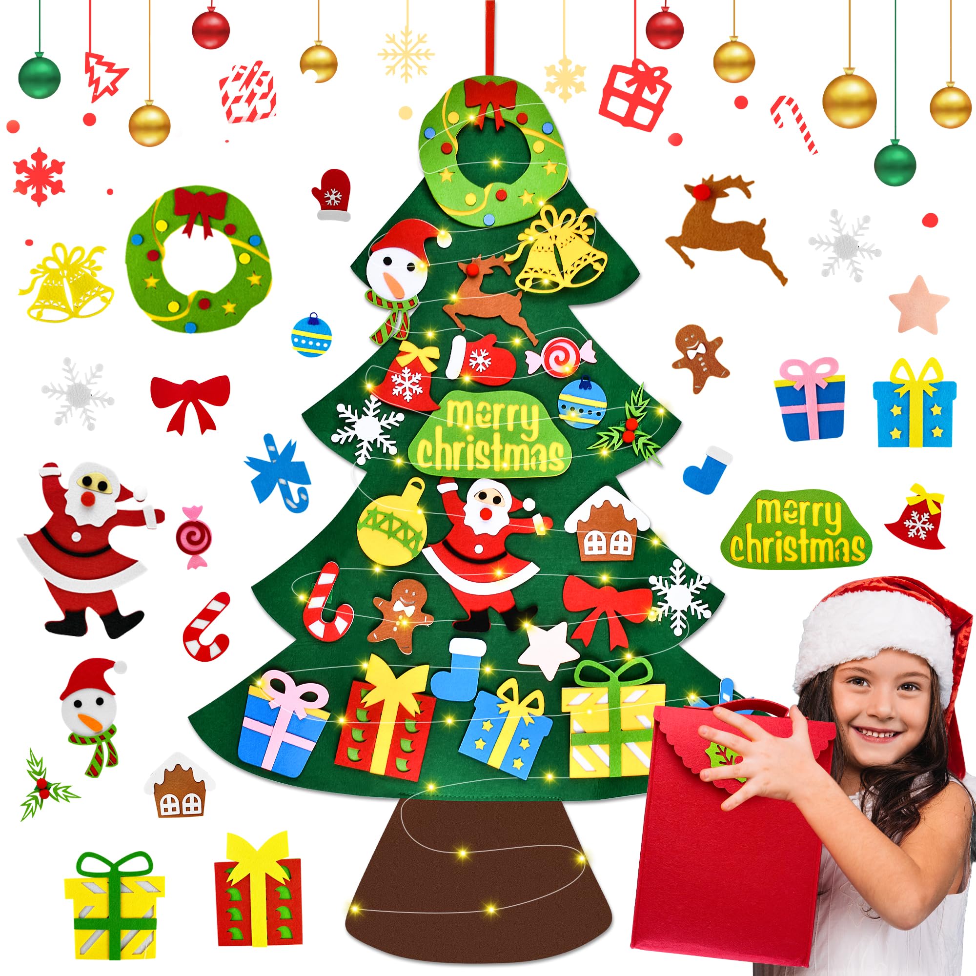 DazSpirit Kids' Felt Christmas Tree, DIY Xmas Tree Set, 3.3ft for Toddlers With 25Pcs Detachable Ornaments & 5M LED Lights, Wall Hanging Decorations Kits (DZ-Xmastree-YSY-B-02-a)