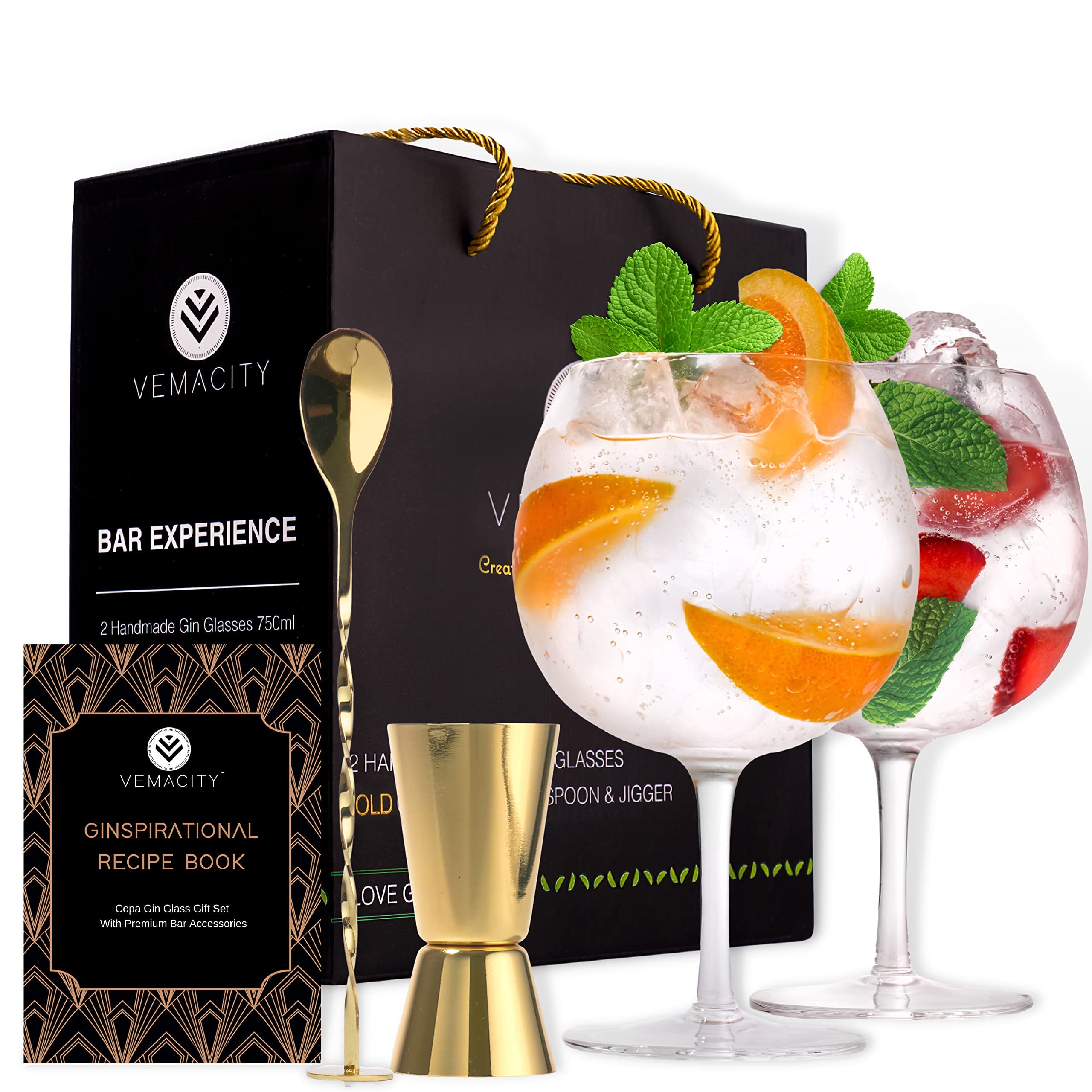 Vemacity Crystal Gin Glasses Set of 2 | Handmade Gin Glass Gift Set with Gold Cocktail Spoon, Measure & Recipe e-Book (PDF) | Aperol Spritz & Cocktail Glasses | Stylish Gift Box