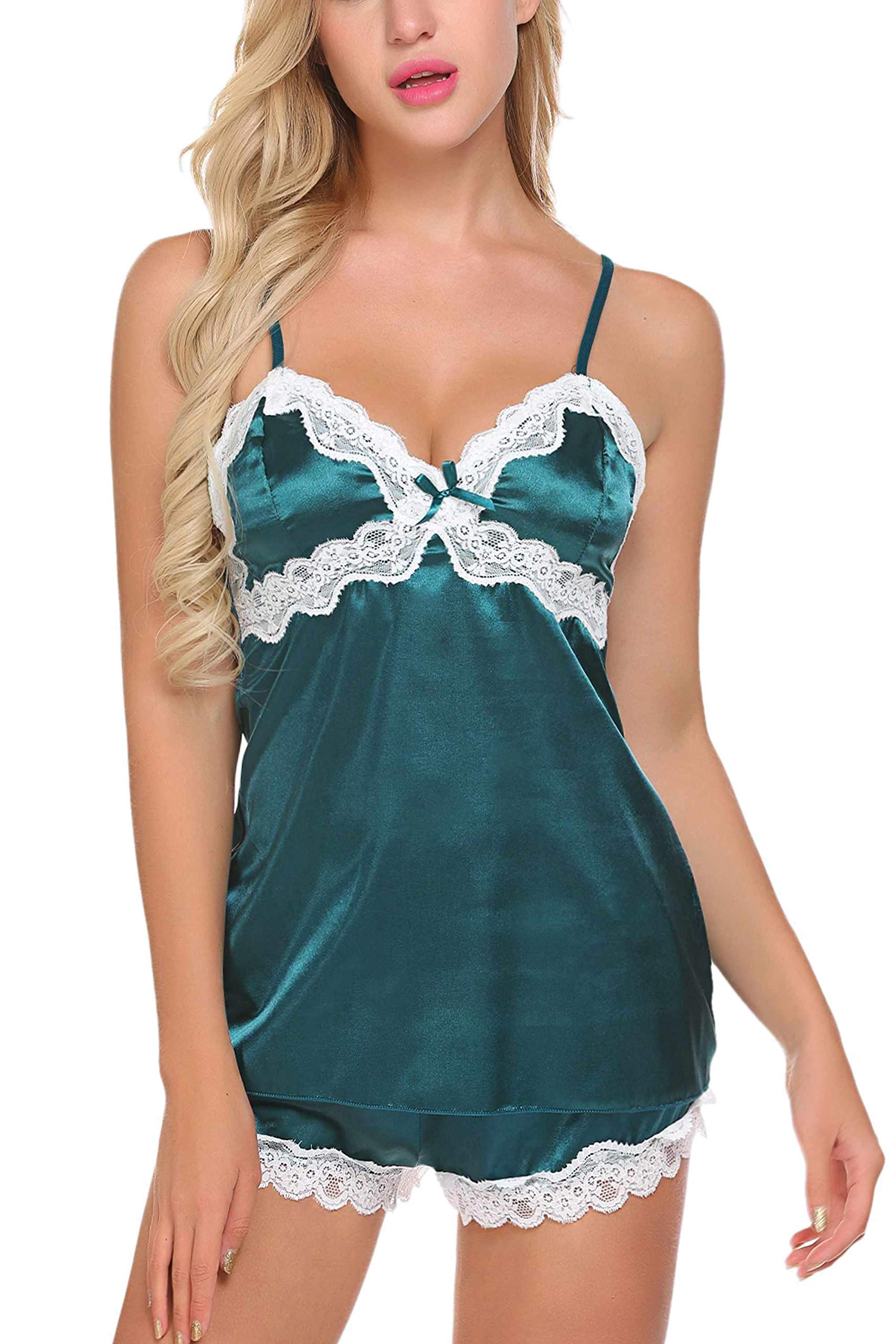 wearella Women Sleepwear Satin Pajamas Set Lace Cami Shorts Silky Nightwear Lingerie Dark Green XS