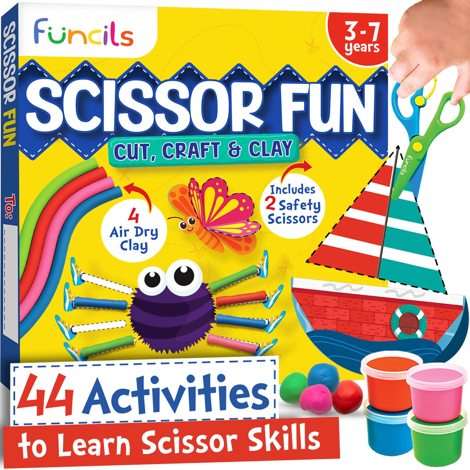 Funcils Toddler Scissors Skills for Kids with Air Clay - 2 Preschool Safety Scissors, Fine Motor Toys for Kids, Cutting & Learning Crafts Activities, Art Supplies Gifts for Boys & Girls Ages 3 4 5 6 7