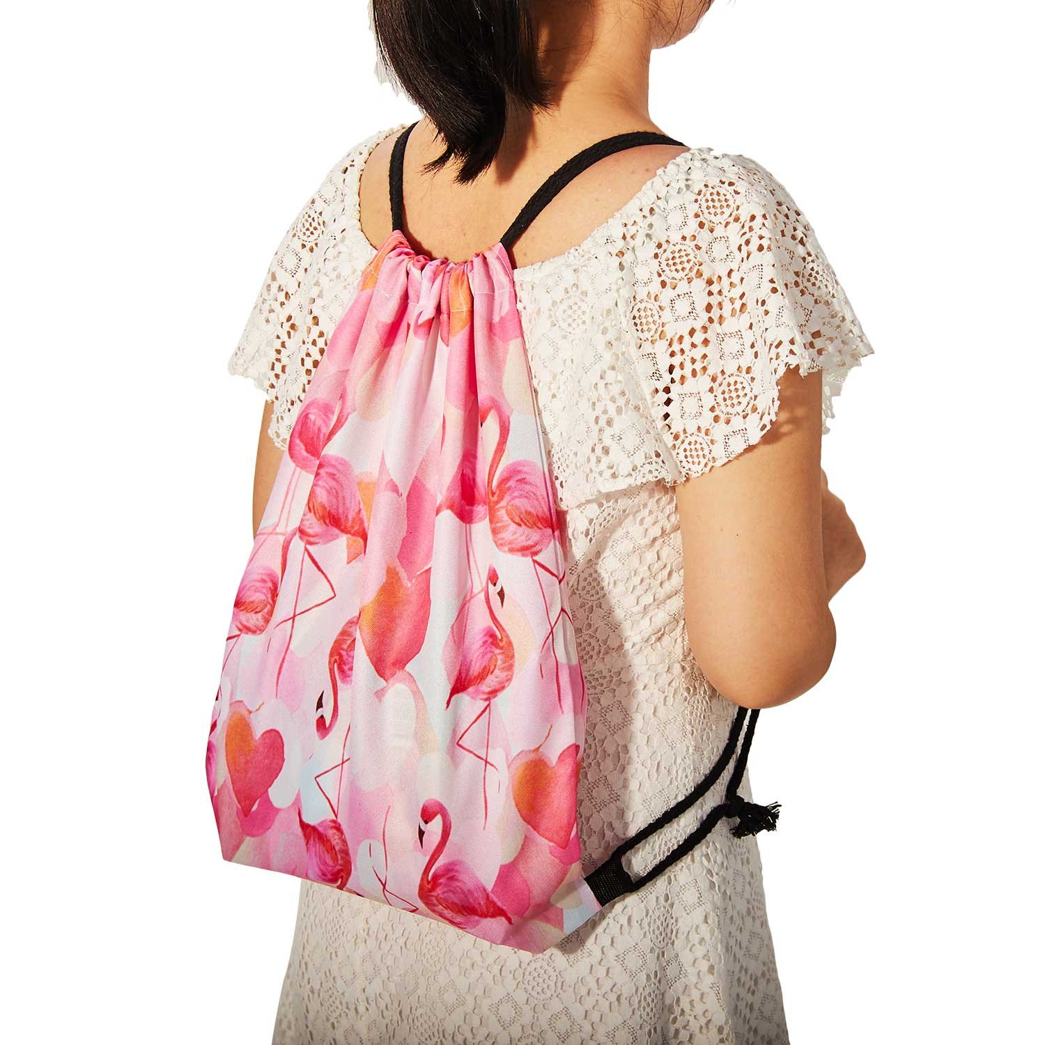 TUONROAD Cute Drawstring Dance Bag Small Cinch Sack Cosmetic Hot Pattern Pink Flamingo Orange White Heart Shape Pouch Cosmetic and Toiletry Bags Gift for Girls Ladies Shopping Jogging