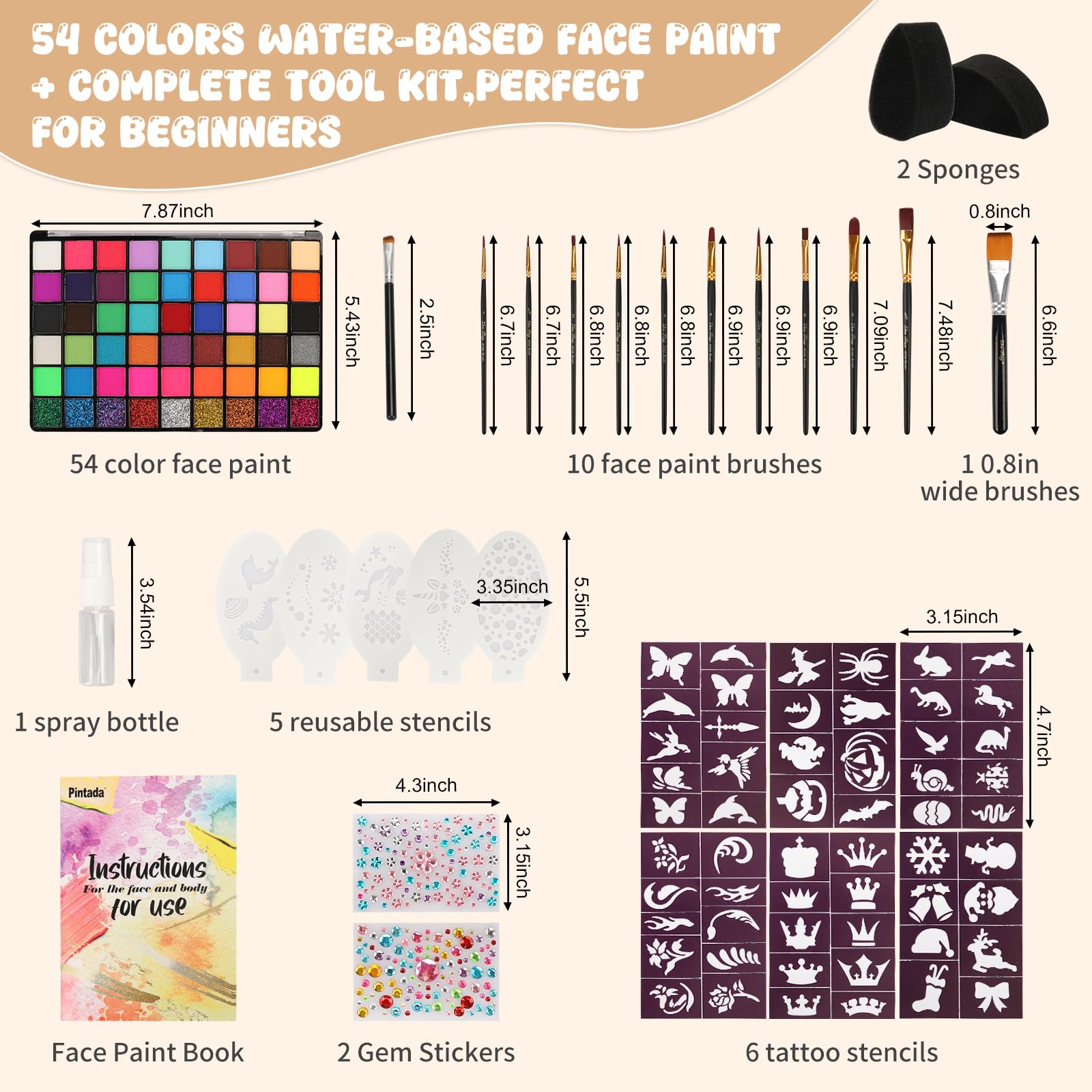 Pintada 54 Color Face Painting Kit for Kids - Non Toxic Water Activated Face Paint Palette with Stencils, Brushes, Gems & Book. For Halloween, Carnival, Party; Costume Makeup for Creative Activities