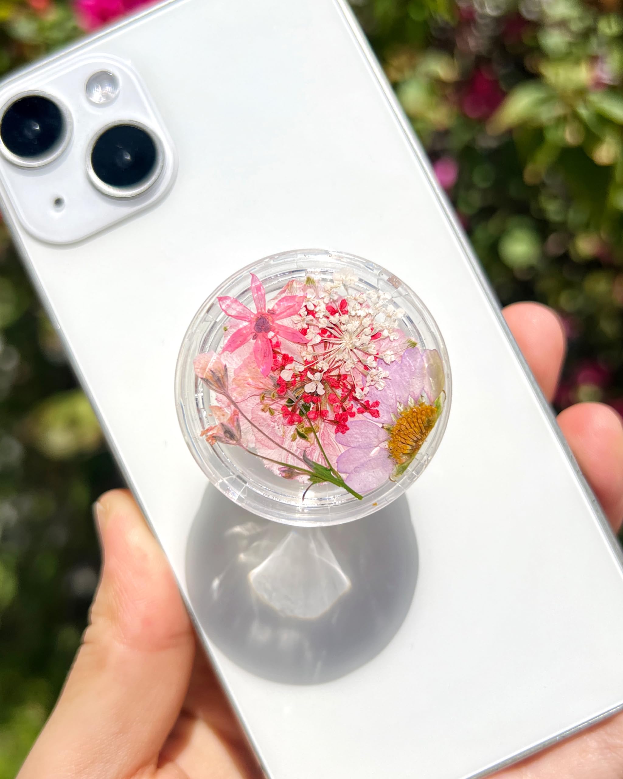 Photo 1 of Petite Pressed Pink Flowers Phone Grip,Handmade Dried Flowers Clear Phone Stand, Expanding Cell Phone Charms Accessory, Interchangeable Kickstand, Collapsible Handle Grip Holder for Kindle