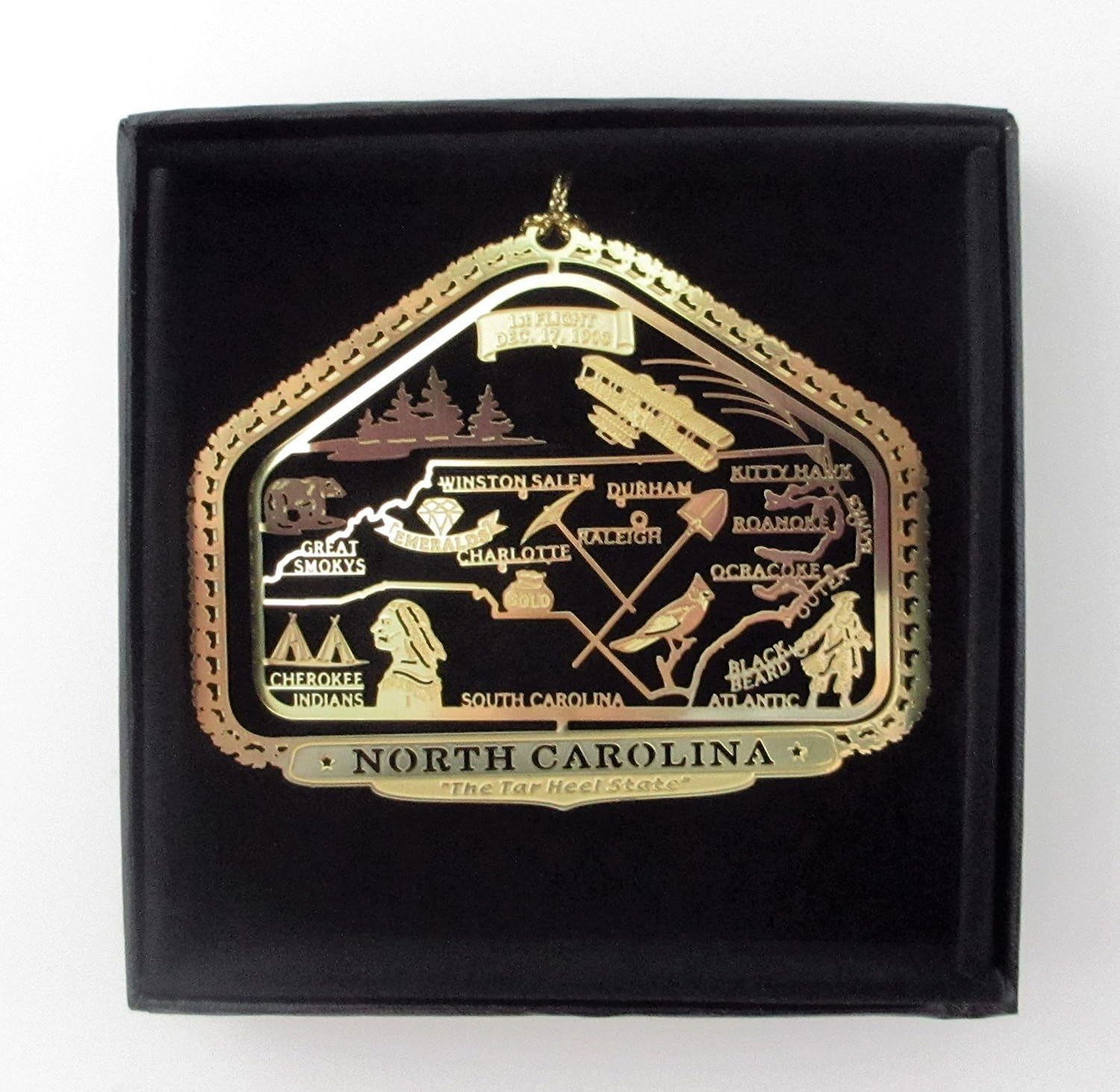 North Carolina State Brass Ornament Black Leatherette Gift Box