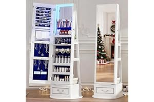 Vlsrka Mirror Jewelry Cabinet Standing, 360° Swivel Jewelry Armoire with Full Length Mirror, Lockable Mirror with Jewelry Storage, 3-Color LED Lights, Foldable Makeup Shelf, White