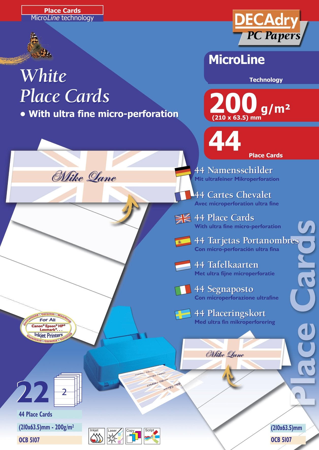 DECAdry Place Cards for Folding, 2 cards (200gsm, 210x63.5mm) per A4 sheet , (pack of 22 sheets/44 cards), White