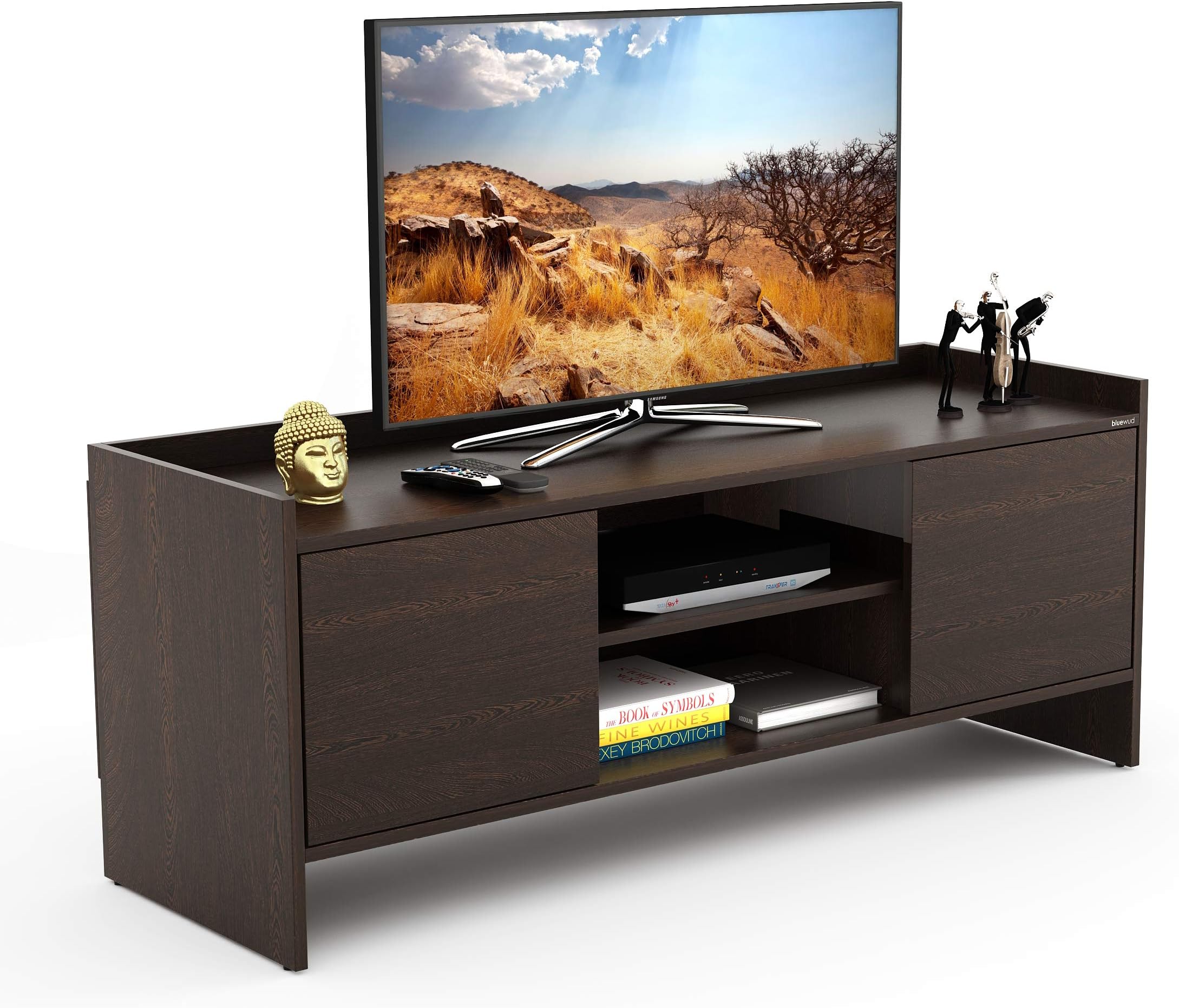 BLUEWUDCharley Engineering Wood Floor Standing TV Entertainment Unit Set Top Box Stand/TV Cabinet with Shelves for Books & Décor Display Unit Bed Living Room Upto 50 Inches (Wenge)