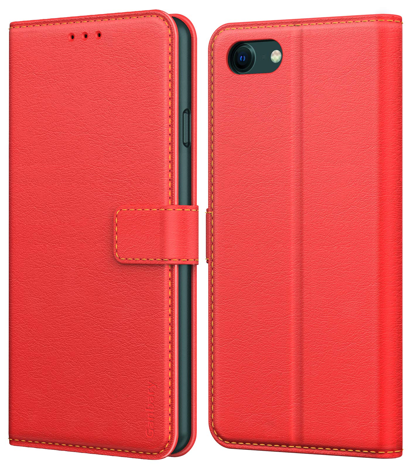 Ganbary Case Compatible with iPhone SE 2022/2020/8/7, Premium PU Leather Flip Wallet Case [Full Protection] [Card Slots] [Kickstand], Red — image 1