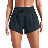 CRZ YOGA High Waisted Dolphin Running Shorts for Womens Mesh Liner for Gym Workout Athletic with Zipper Pocket