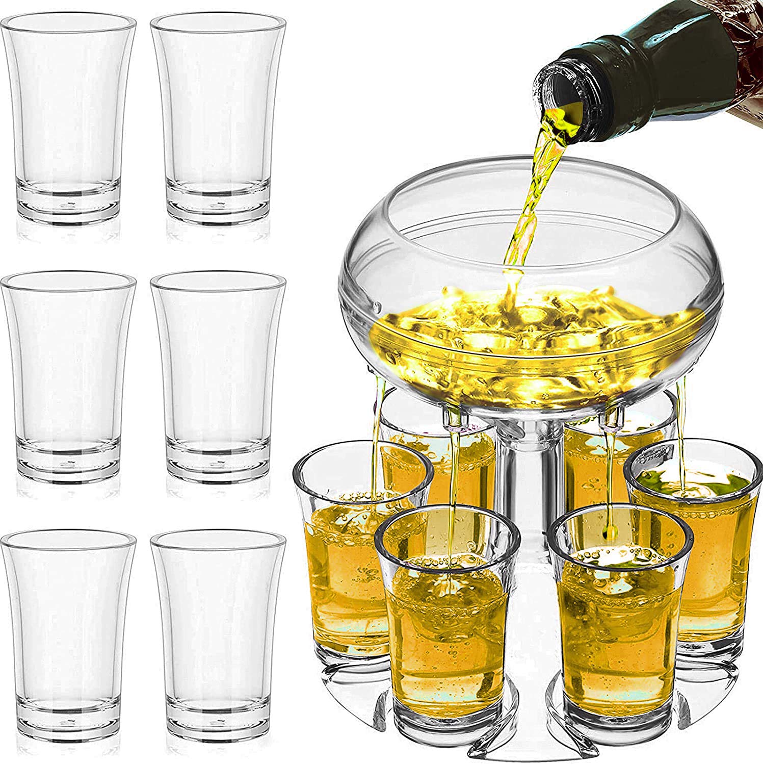 Yovinn 6 Shot Glass Dispenser and Holder with Glasses, 6 Cocktail Dispensers and Holder, Plastic Acrylic Transparent Bar Shot Dispenser for Bar Great Party Festival Gift