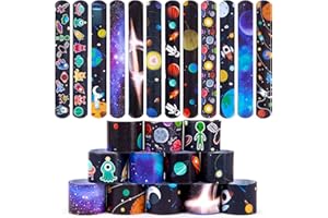 MCPINKY Slap Bracelets, 48PCS Kids Slap Wristbands with UFO Astronaut Space Stars Pattern Snap Bracelets for Party Favor New Year Gifts School Classroom Prize Exchange