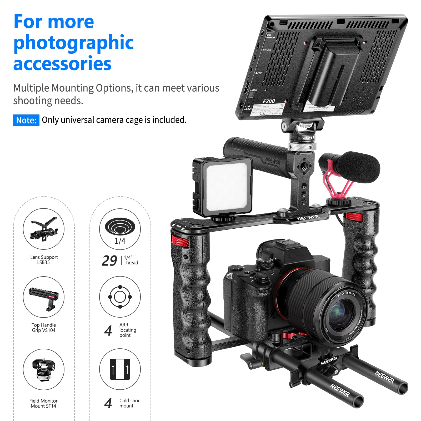 NEEWER Aluminum Alloy Camera Cage, Filmmaking Rig with Top Handle, Dual Grips, Standard Arca Type Base, Compatible with Sony A7S III A7IV A6600 Canon EOS R5C R5 R6 DSLR/Mirrorless Cameras - VS107