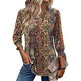 Zeagoo 3/4 Length Sleeve Womens Tops 2025 Floral Womens Blouses V Neck TunicTops with Smocked Cuffs