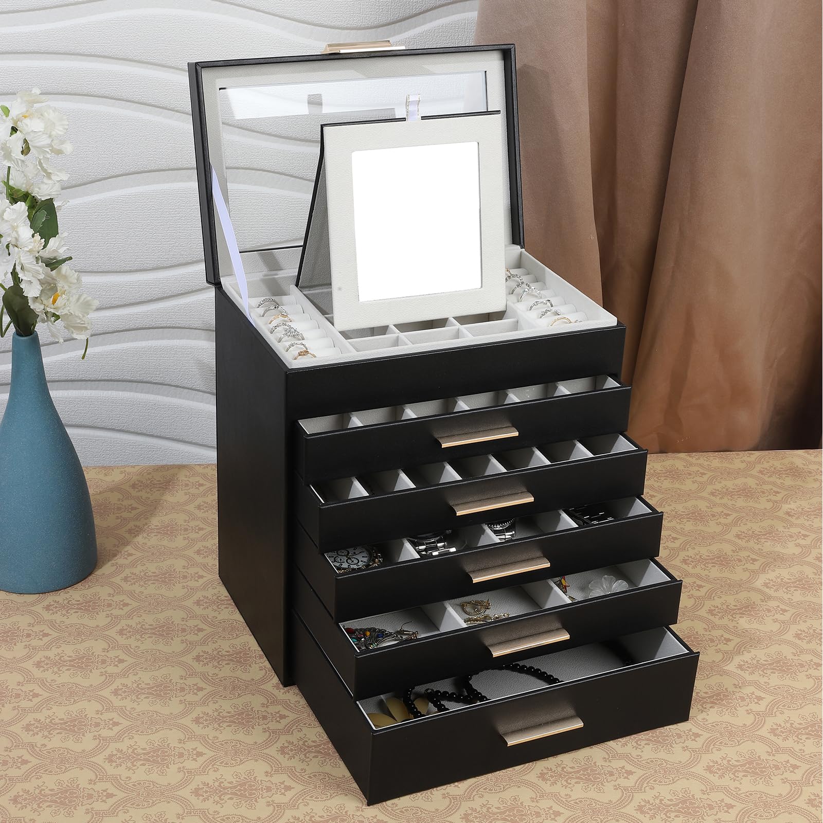 BOOVO BOOVO Jewelry Box for Women, Black 6 Layer Large Jewelry Organizer with Glass Lid for Necklace, Bracelet, Earrings, Rings Storage, Jewelry Organizers and Storage for Girls Gift (Clear Black, 6 layer)