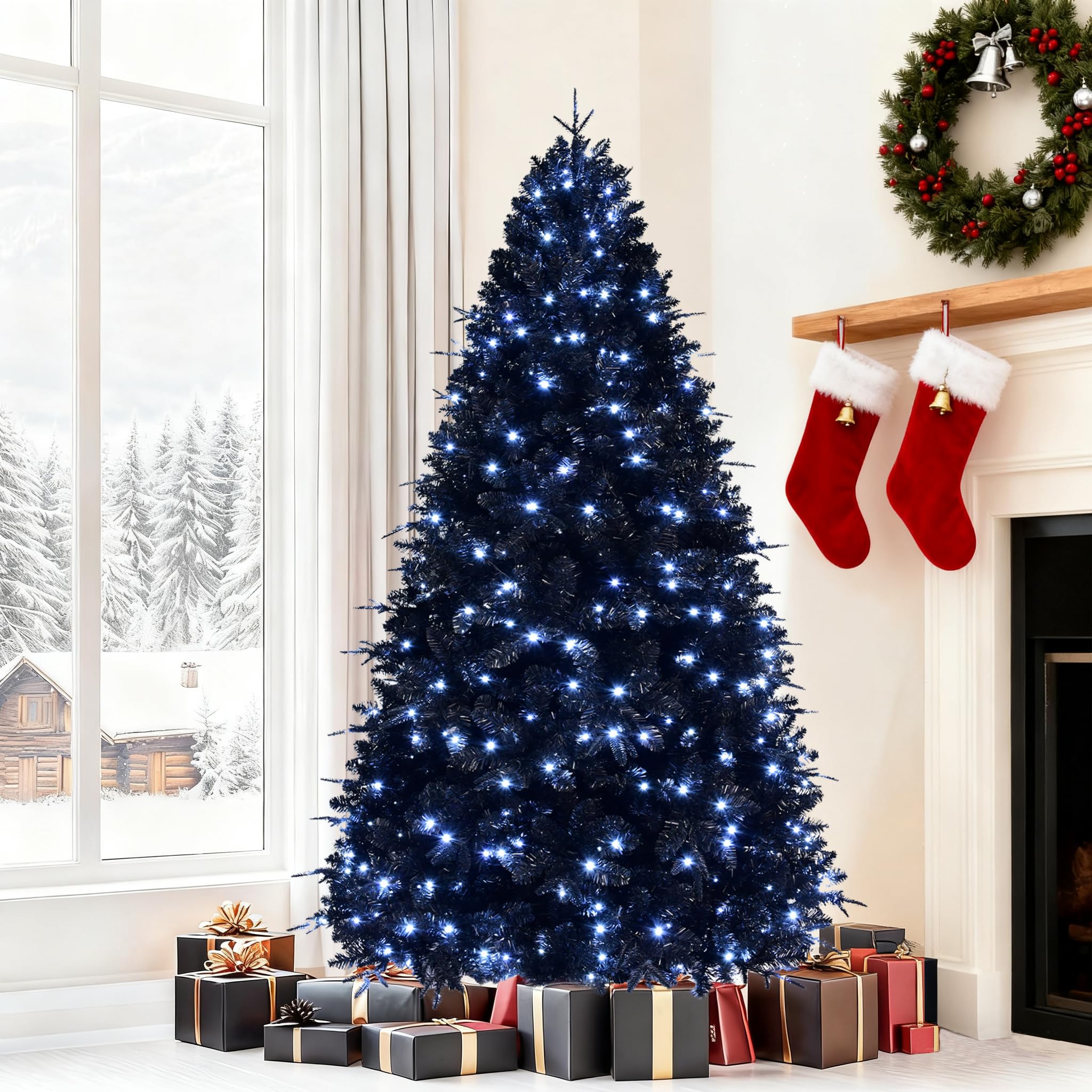 Photo 1 of ** SIMILAR IMAGE/ BLACK***Mayhihi 6FT PreLit Black Christmas Tree with 350 Lights, Artificial Fake Christmas Tree with 1460 PE&PVC Branch Tips, Halloween and Xmas Tree for Holiday Decorations, Metal Stand and Hinged Branches