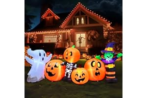 Joiedomi 8 ft Long Halloween Inflatable Three Characters and Pumpkin Patch Outdoor Decoration, Blow Up Inflatables Witch Ghost Skeleton Yard Decorations with LEDs for Party Yard Lawn Garden Decor