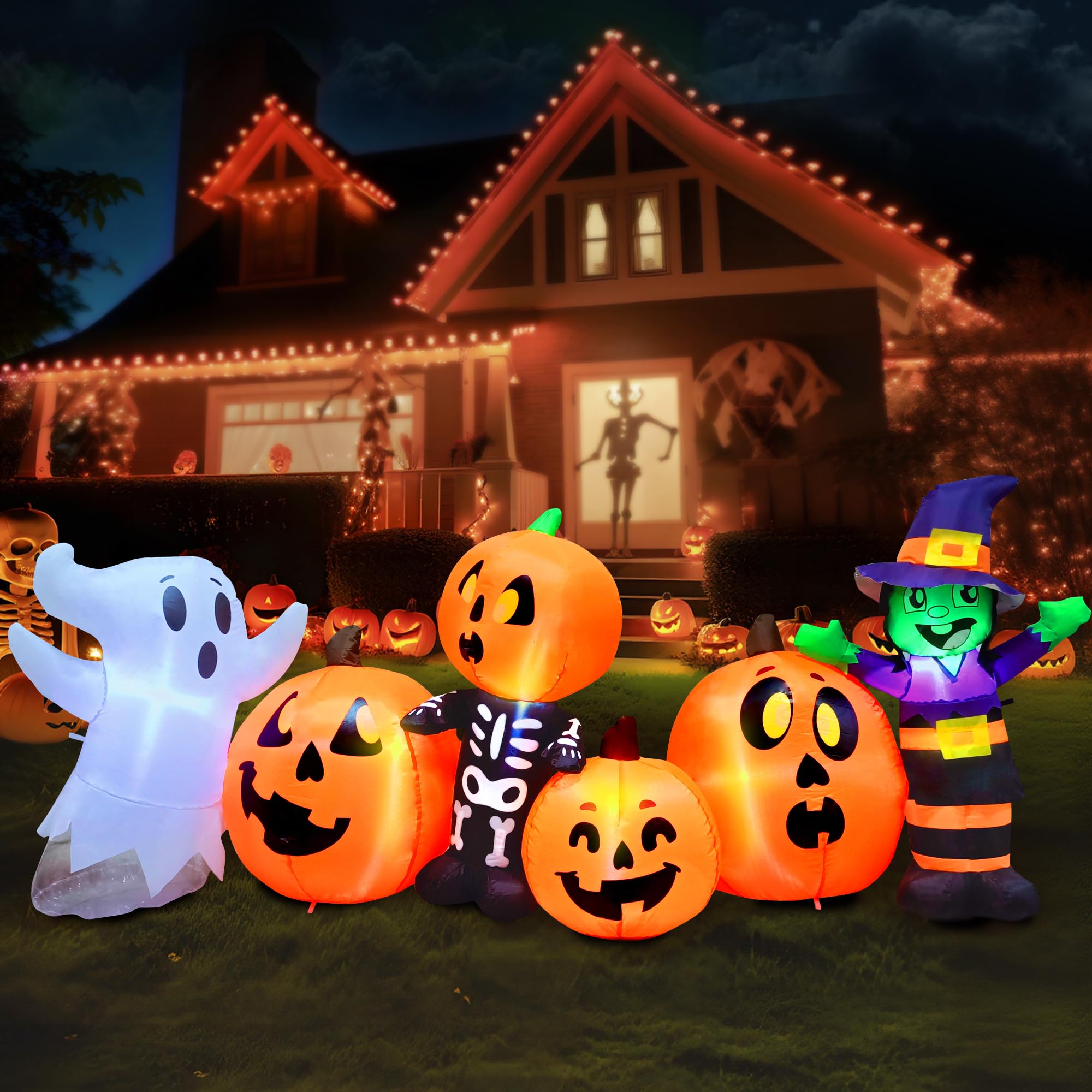 Photo 1 of Joiedomi 8 ft Long Halloween Inflatable Three Characters and Pumpkin Patch Outdoor Decoration, Blow Up Inflatables Witch Ghost Skeleton Yard Decorations with LEDs for Party Yard Lawn Garden Decor