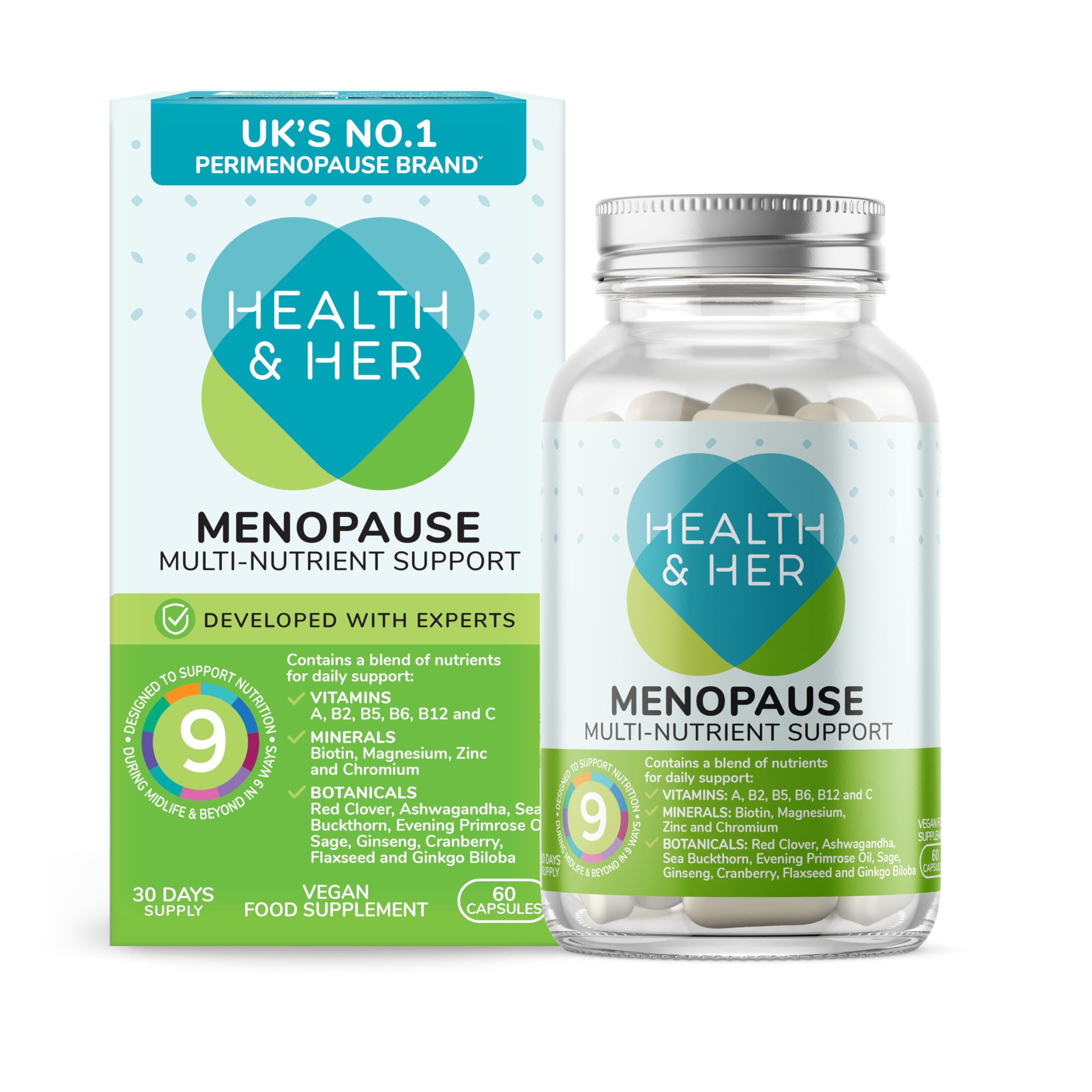 Health & Her Menopause Supplement, 9-in-1 Daily Multivitamin for Women with Ashwagandha & Red Clover, Vegan & Gluten Free, 30-Day Supply, 60 Capsules