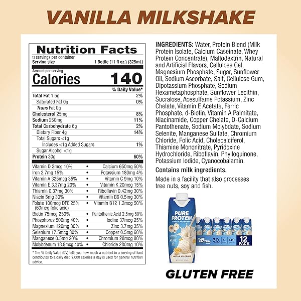 PURE PROTEIN VANILLA PROTEIN SHAKE, 30G COMPLETE PROTEIN, VITAMINS A, C, D, AND E PLUS ZINC TO SUPPORT IMMUNE HEALTH, READY TO DRINK AND KETO-FRIENDLY, 11OZ BOTTLES, 12 PACK