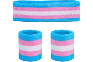 Ronglry 3pcs Sweatbands Set Sports Wristband and Headband Colorful Sweatbands for Women Men Striped Sweat Band LGBTQ Pride Rainbow Headband Wristband Set Includes 1 Sports Headband and 2 Wristband