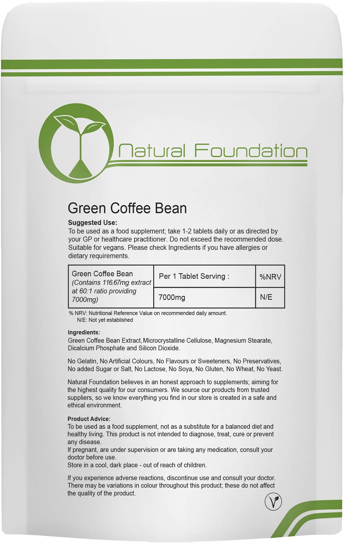Green Coffee Bean Extract 7,000mg High Strength Tablets Healthy, Slimming, Ageing, Weight Loss & Control, Antioxidant, Energy & Body Tissue | Natural Foundation Supplements (30 Tablets)