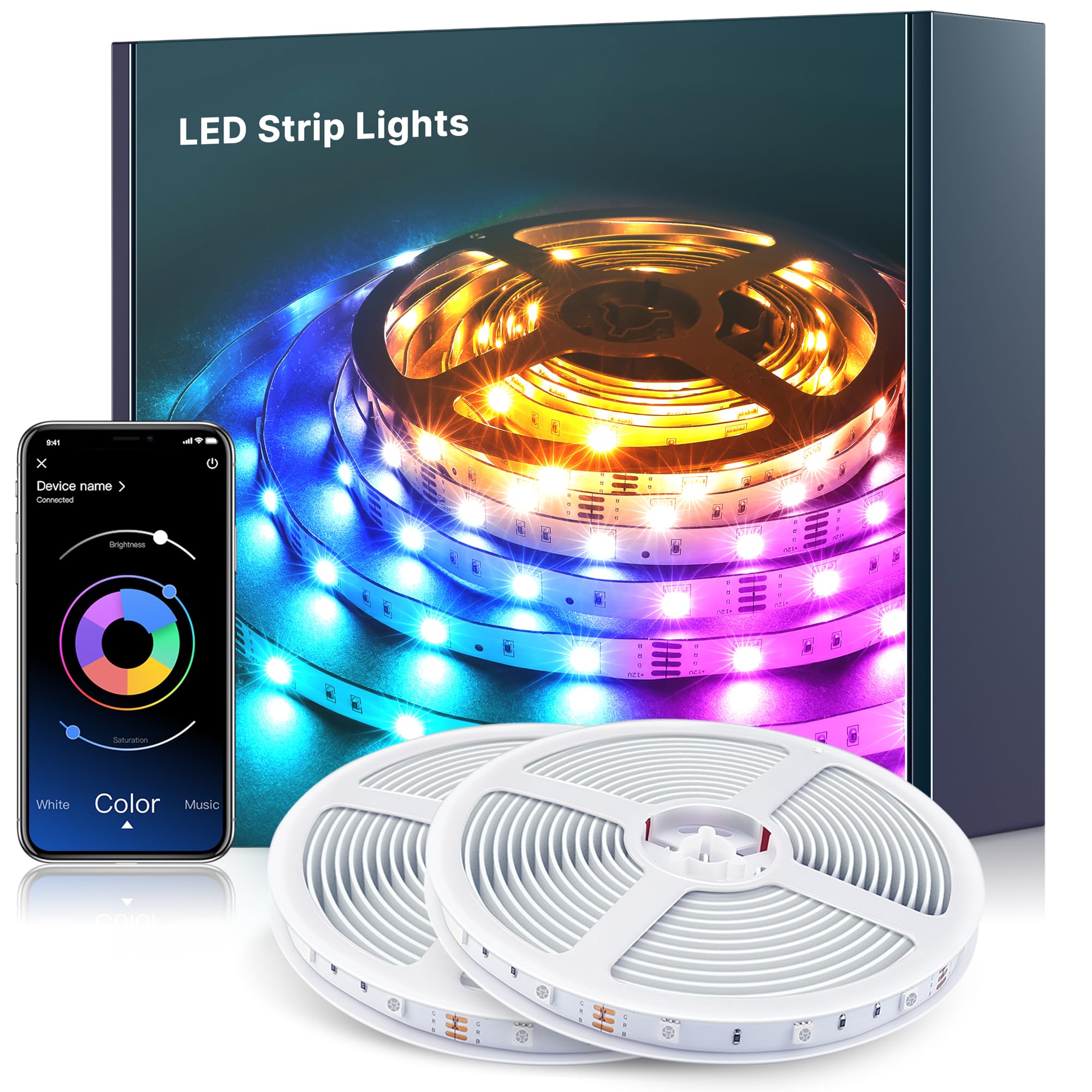 Mexllex LED Strip Lights 40M Music Sync Color Changing RGB LED Strip with Remote & App Control, Built-in Mic, RGB Rope Lights