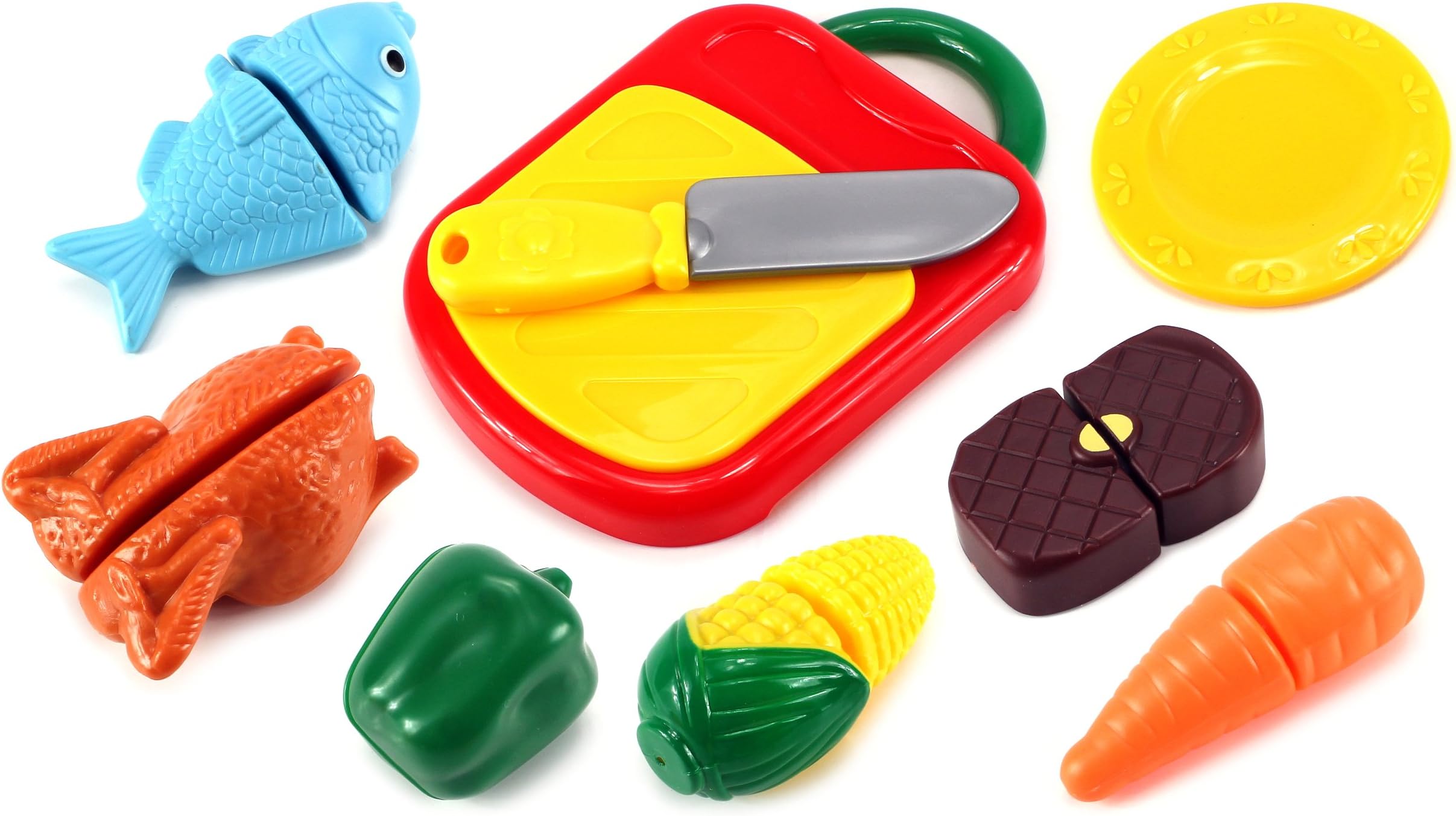 Toy Foods Pretend Cutting Board '43 Play Set w/ Dummy Knife, Cutting Board, Assorted Toy Fruit & Vegetables