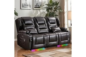 DRMBOOK RV Power Loveseat Recliner Sofa, Leather 3-Seater Wall Hugger Reclining Sofa, Home Theater Seating Chair with Cup Holders, 3 Person Couch RV Furniture for Living Room, Brown