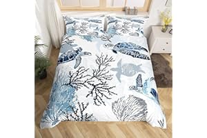 EROSEBRIDAL Turtle Bedding Set Full Nautical Coastal Bedding,White Blue Sea Turtle Comforter Cover for Kids Boys Girls,Reptile Tortoise Duvet Cover Ocean Beach Theme Quilt Cover Kawaii Sea Animal Bedspread Cover